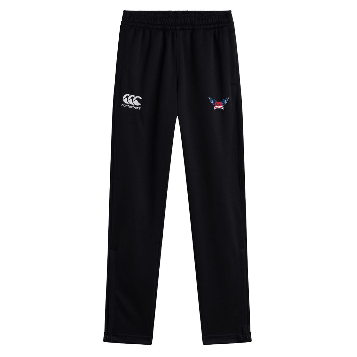 The EMB Canterbury University of Southern Indiana Women Stretch Tapered Pant features an elastic waistband, white Canterbury logo, team emblem, and quick-dry fabric for active comfort—ideal workout pants.