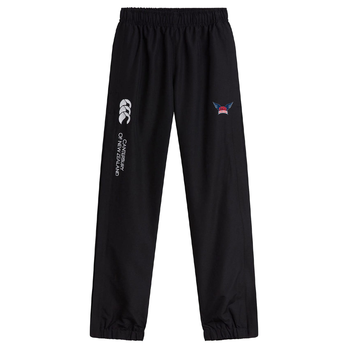 The University of Southern Indiana Women Cuffed Hem Stadium Pant by EMB Canterbury features an elastic waistband and cuffs, with the Canterbury logo and text on one leg and a small embroidered emblem on the other. Perfect for sporty style.