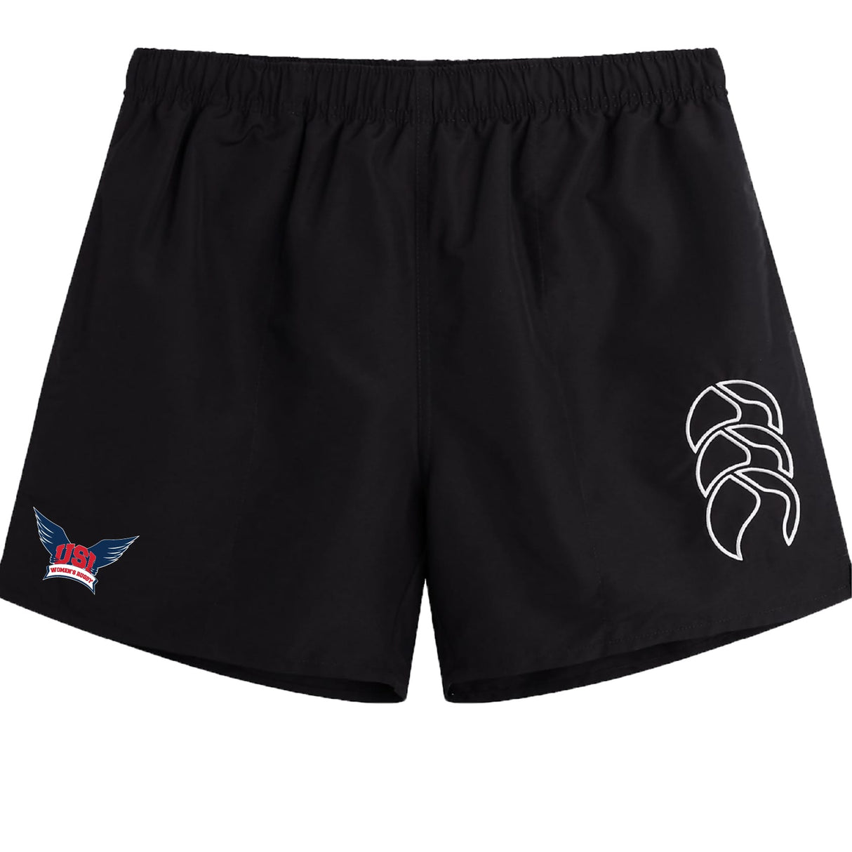 The University of Southern Indiana Women Tactic Short by EMB Canterbury features an elastic waistband, a white abstract logo on the right leg, and a red, white, and blue winged emblem on the left—ideal for lightweight training.