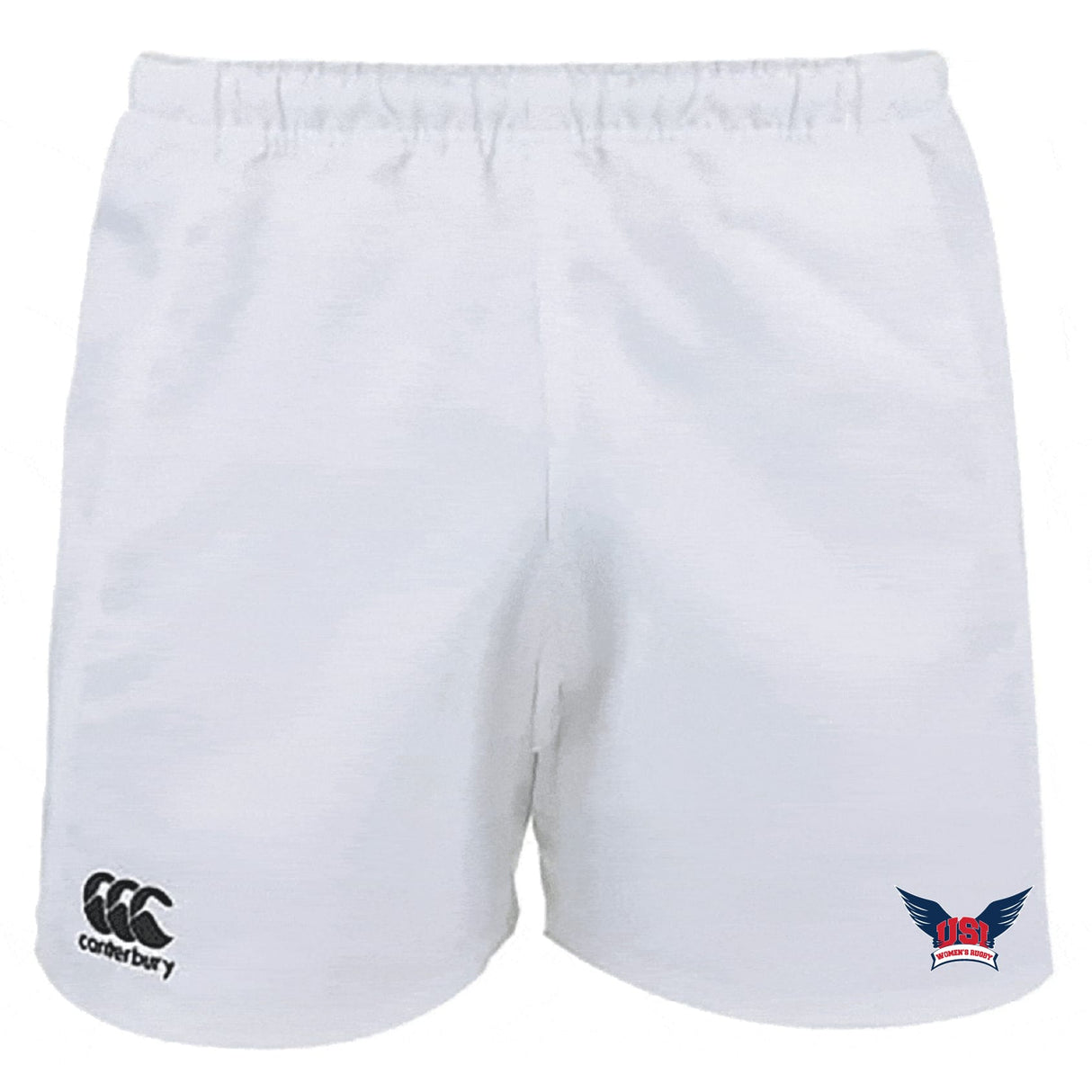 The University of Southern Indiana Women Advantage Rugby Shorts by EMB Canterbury feature an elastic waistband, moisture-wicking fabric, a black Canterbury logo on the left leg, and a winged crest on the right for comfort and performance.