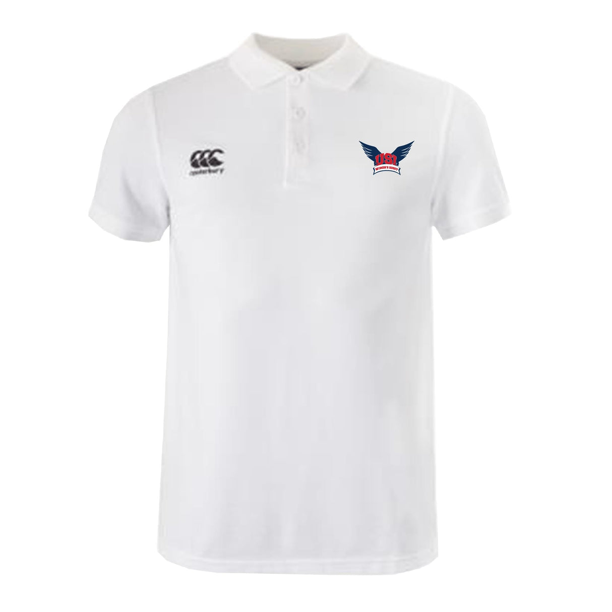The EMB Canterbury University of Southern Indiana Women Waimak Polo features a small black logo on the right chest and a vibrant blue, red, and white winged emblem on the left.