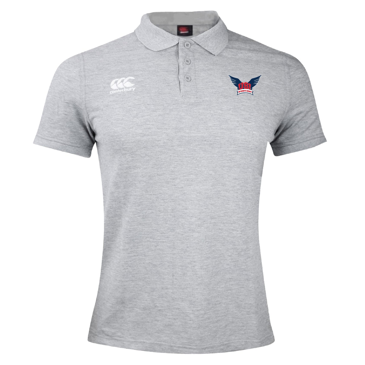 Light grey University of Southern Indiana Women Waimak Polo by EMB Canterbury featuring short sleeves, a collar with three buttons, a white Canterbury logo on the right chest, and a winged "USA" emblem on the left chest.