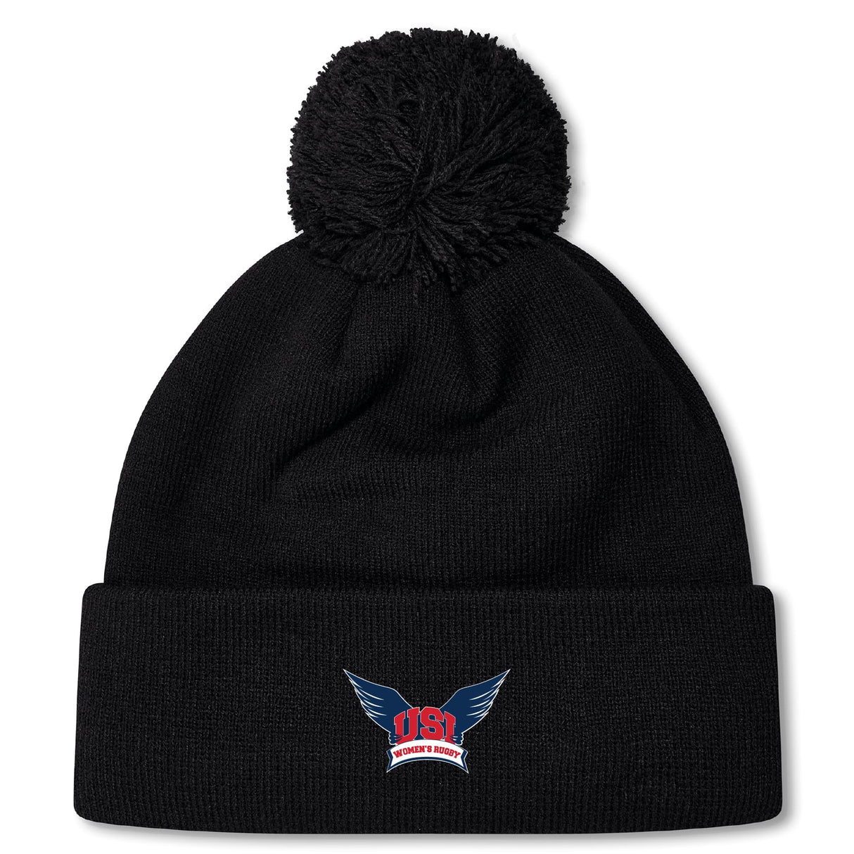 The EMB Canterbury University of Southern Indiana Women Pom Pom Beanie features a black knit design, a top pom-pom, and an embroidered USI wings logo on the front cuff.