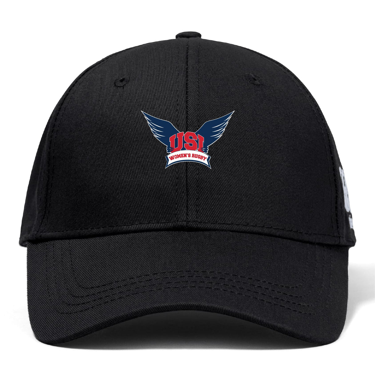 The University of Southern Indiana Women Flexfit Drill Cap by Canterbury, from EMB Canterbury, is a black curved-brim hat featuring the USI Women's Rugby logo with blue wings and red text on the front and a subtle CCC logo on the side.
