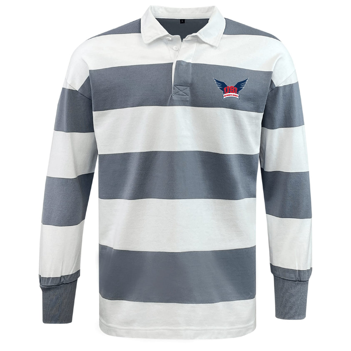 The EMB Mudoo University of Southern Indiana Women Classic Long Sleeve Hooped Rugby Jersey features bold white and gray hoops, a crisp white collar, and a "USA" winged logo on the left chest for a timeless rugby look.