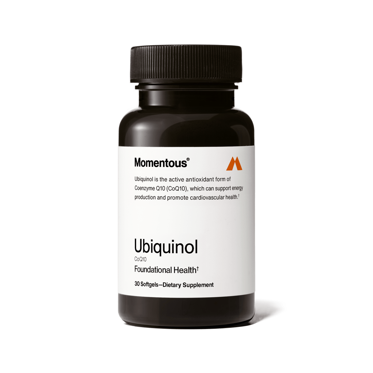 A black bottle of Momentous Ubiquinol by Momentous, containing 30 softgels, features a white label with product details and supports mitochondrial function.