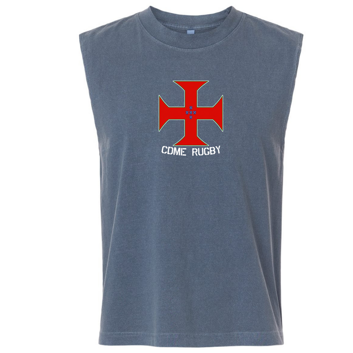 The EMB S&S Activewear SF CDME Rugby Unisex Heavyweight Cotton Garment-Dyed Mid-Length Muscle Tee is a sleeveless gray shirt crafted from heavyweight cotton and garment-dyed for a soft, lived-in feel. It features a bold red cross graphic with "Come Rugby" printed below.
