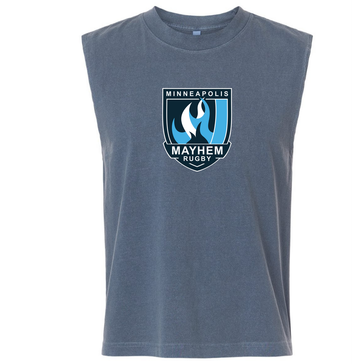 EMB S&S Activewear Minneapolis Mayhem Rugby Unisex Heavyweight Cotton Garment-Dyed Mid-Length Muscle Tee—sleeveless and blue, featuring the Minneapolis Mayhem Rugby logo in white, black, and blue on the chest.