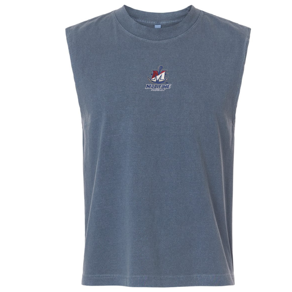 Blue SUNY Maritime Men’s Rugby Unisex Heavyweight Cotton Garment-Dyed Mid-Length Muscle Tee with a boxy fit and a small “Maritime Rugby” logo on the center chest.