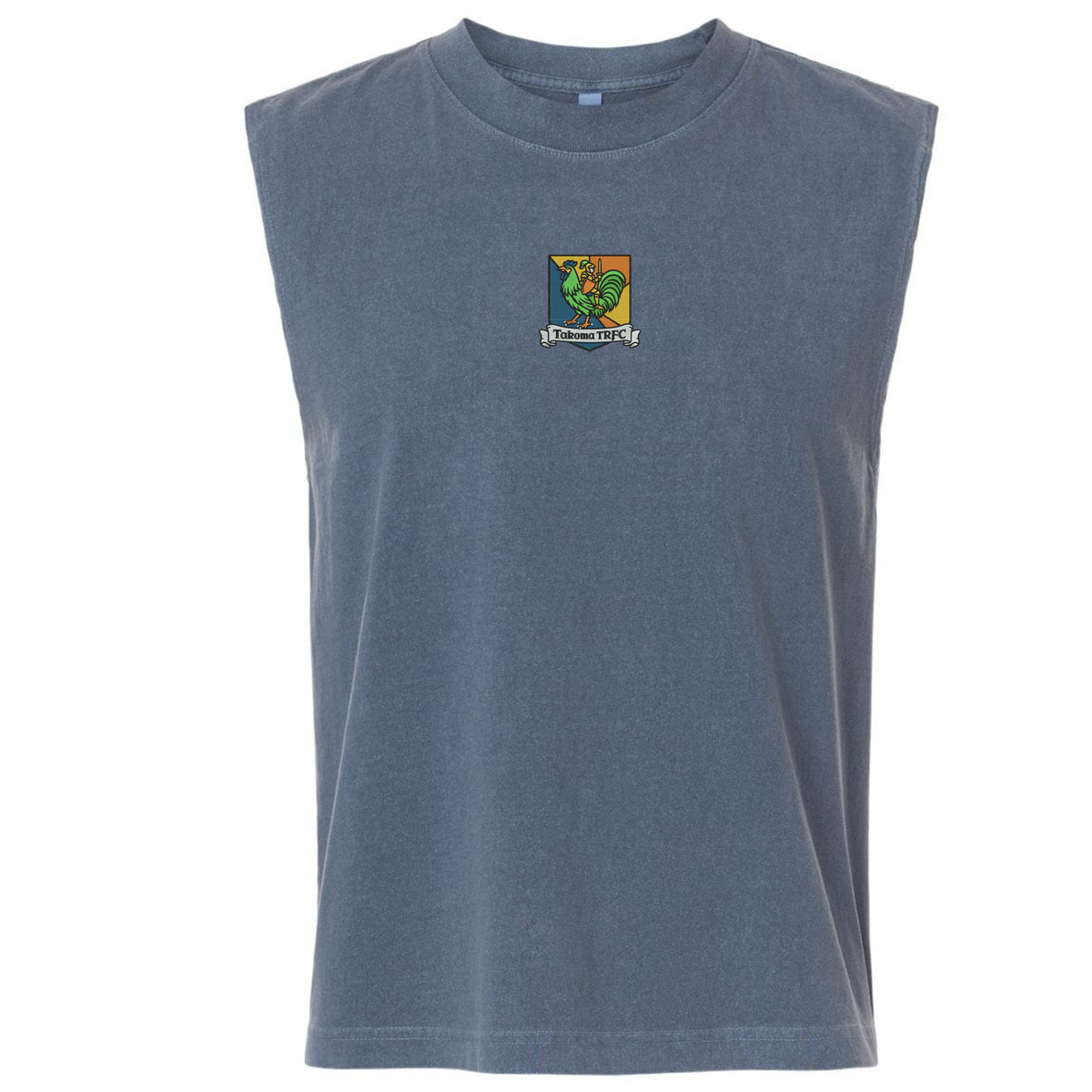 Blue Takoma Touch Rugby Unisex Heavyweight Cotton Garment-Dyed Mid-Length Muscle Tee with a small chest crest featuring a rooster and the text “Takoma TRFC.”