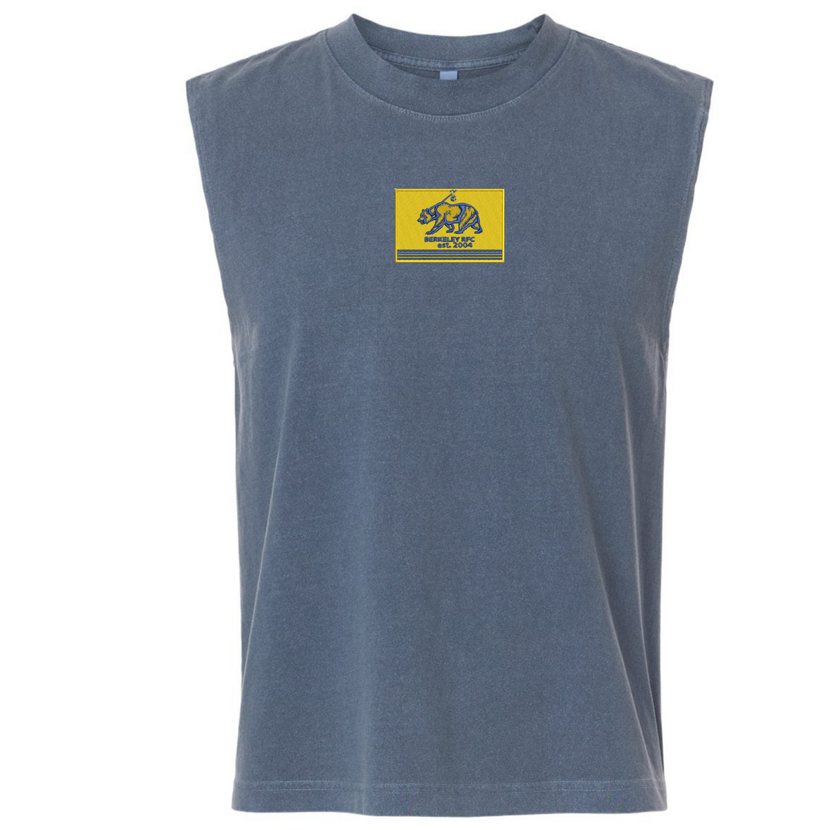 Slate blue Berkeley RFC Unisex Heavyweight Cotton Garment-Dyed Mid-Length Muscle Tee with a yellow rectangular chest patch featuring a bear icon and “BERKELEY RFC est. 2004” text.