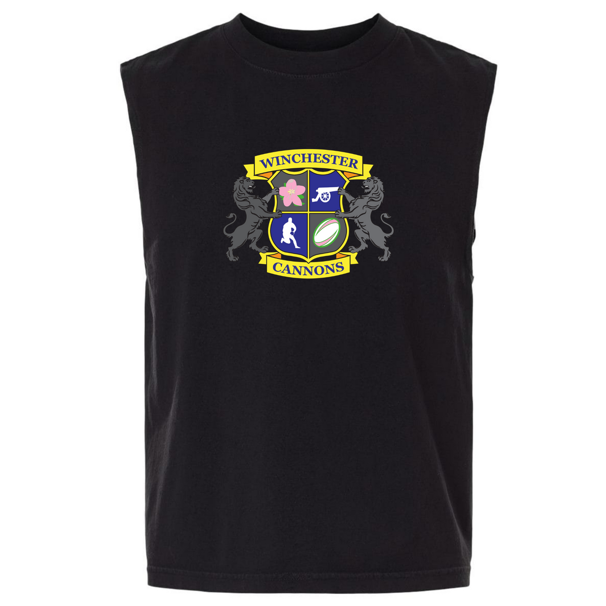 The Winchester Cannons Unisex Heavyweight Cotton Garment-Dyed Mid-Length Muscle Tee by EMB S&S Activewear features a sleeveless black design with a colorful crest logo and graphic symbols on the chest.
