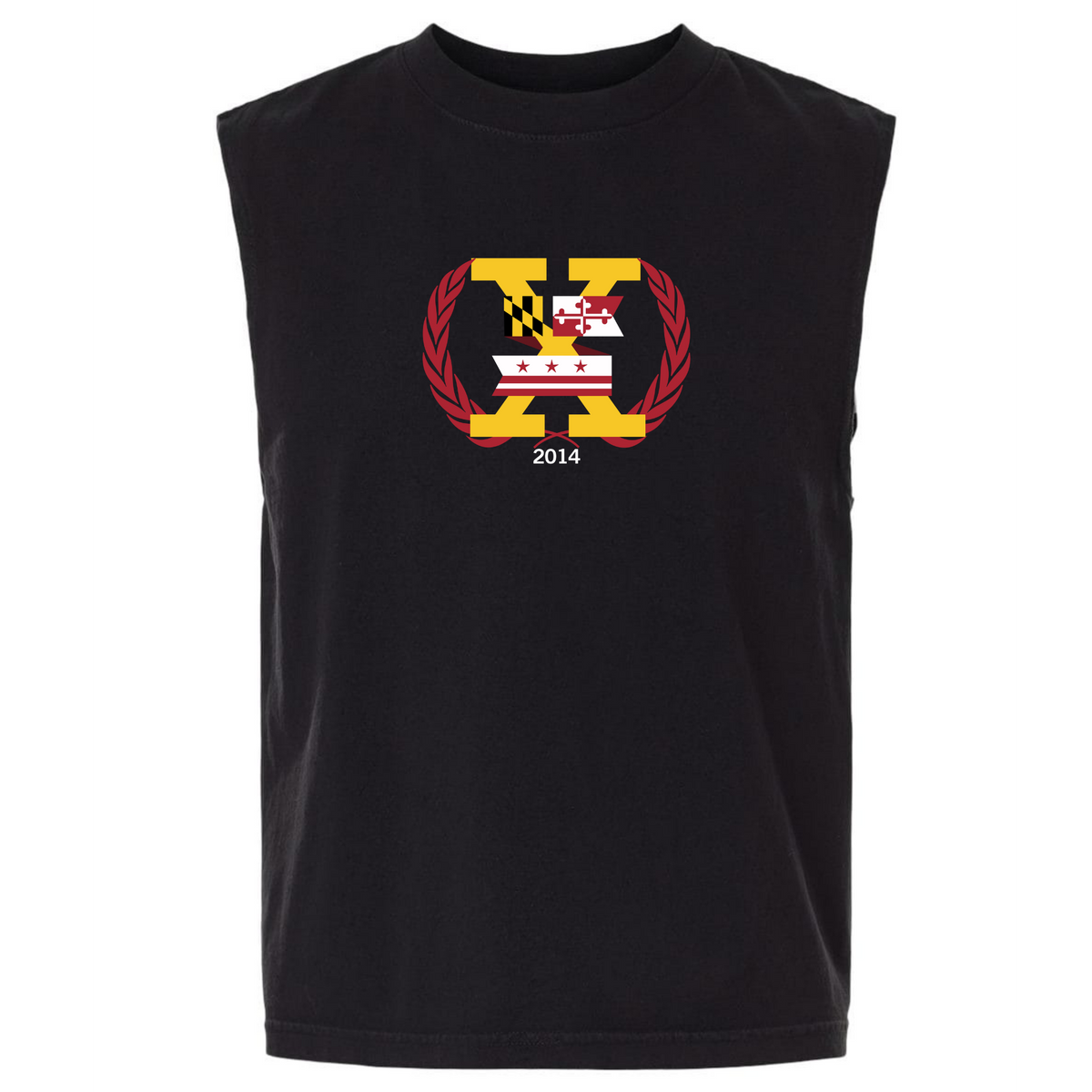 The Potomac Exiles Rugby Club Unisex Heavyweight Cotton Garment-Dyed Mid-Length Muscle Tee by EMB S&S Activewear features a sleeveless black design with a graphic on the chest showcasing state flag patterns, the letter "X," a laurel wreath, and the year "2014." This boxy-fit muscle tee is crafted from garment-dyed cotton for superior comfort and style.