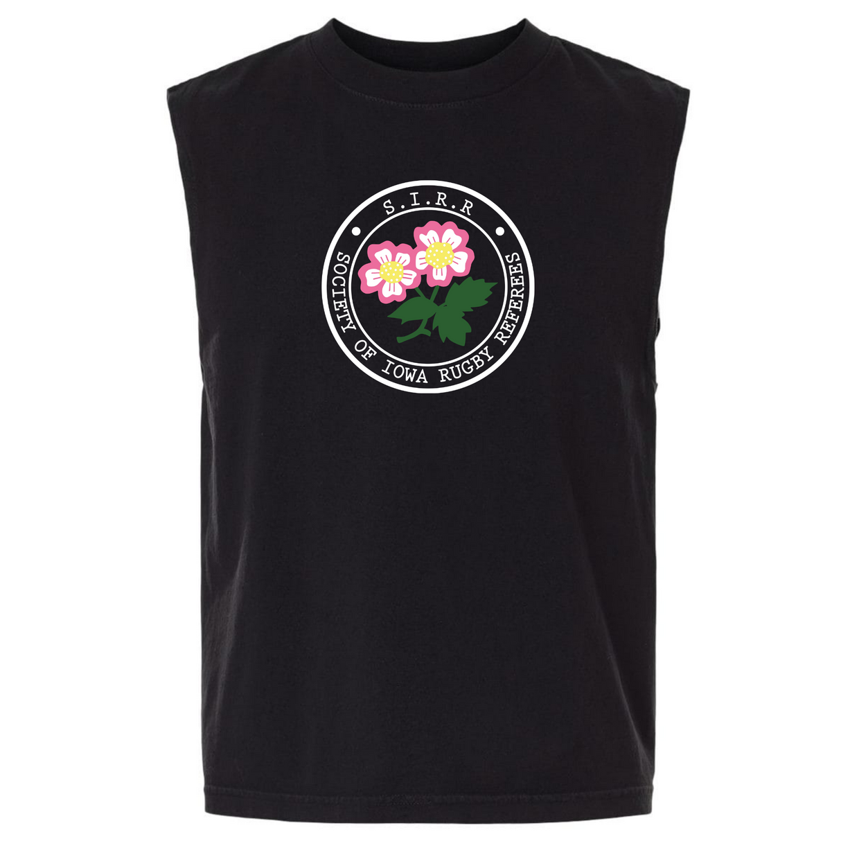 The Society of Iowa Rugby Referees Unisex Heavyweight Cotton Garment-Dyed Mid-Length Muscle Tee by EMB S&S Activewear comes in black and features a circular logo with two pink flowers and green leaves, bordered by the text “Society of Iowa Rugby Referees S.I.R.R.”.