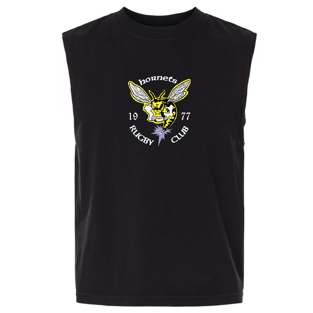 The EMB S&S Activewear Hornets Rugby Club 1977 Unisex Heavyweight Cotton Garment-Dyed Mid-Length Muscle Tee is a sleeveless black top featuring a hornet logo and "hornets RUGBY CLUB 1977" on the chest.