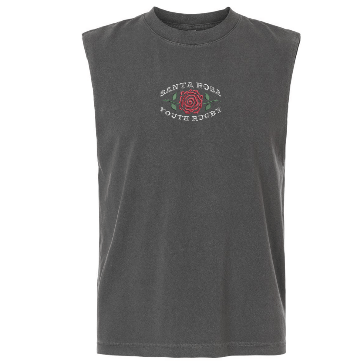 The EMB S&S Activewear Santa Rosa Youth Rugby Unisex Heavyweight Cotton Garment-Dyed Mid-Length Muscle Tee is a sleeveless dark gray top featuring “Santa Rosa Youth Rugby” text and a red rose graphic on the chest.
