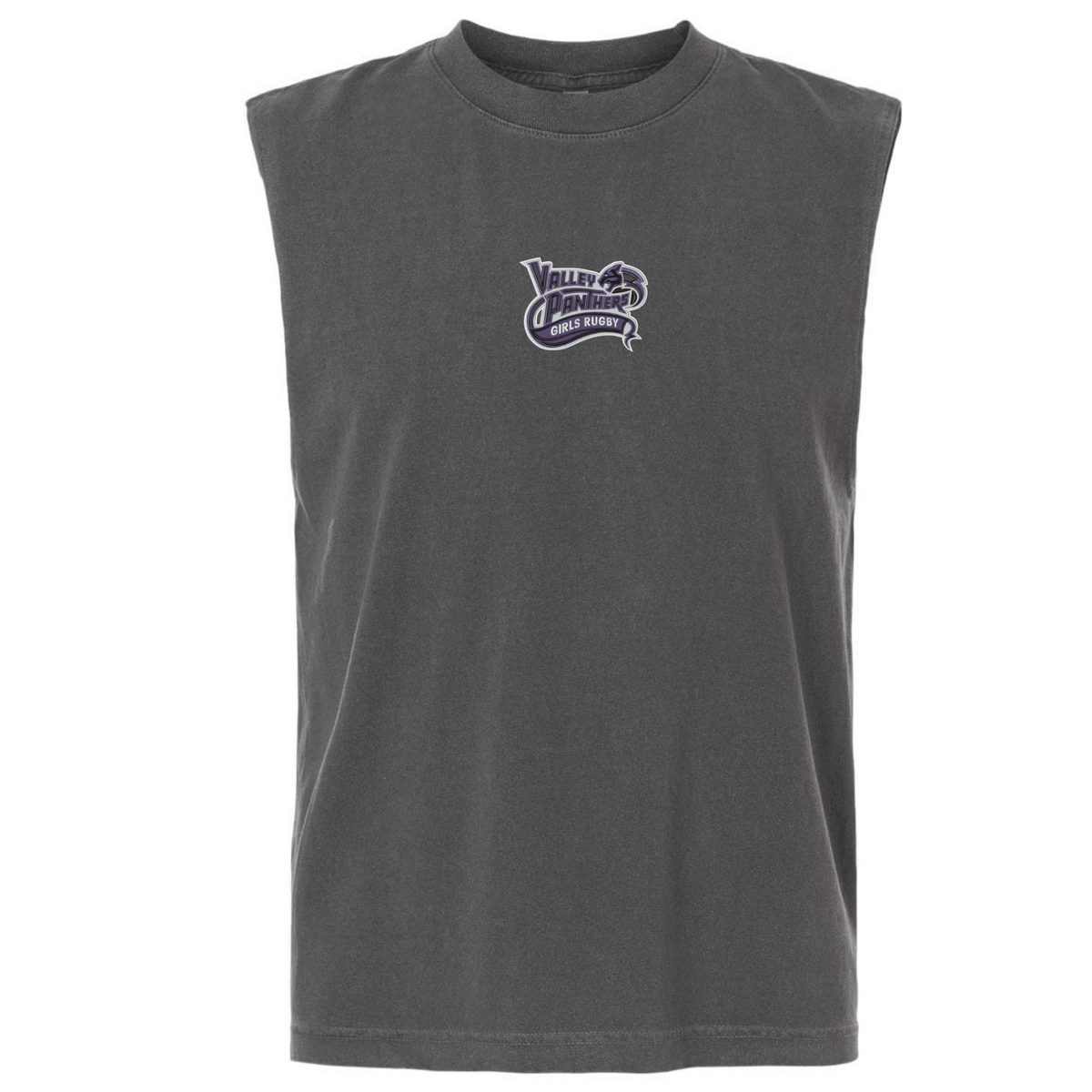 The EMB S&S Activewear Valley Panthers Girls Rugby Unisex Heavyweight Cotton Garment-Dyed Mid-Length Muscle Tee is a sleeveless, dark gray top featuring “Valley Panthers Girls Rugby” and a panther logo printed on the chest in purple and white.