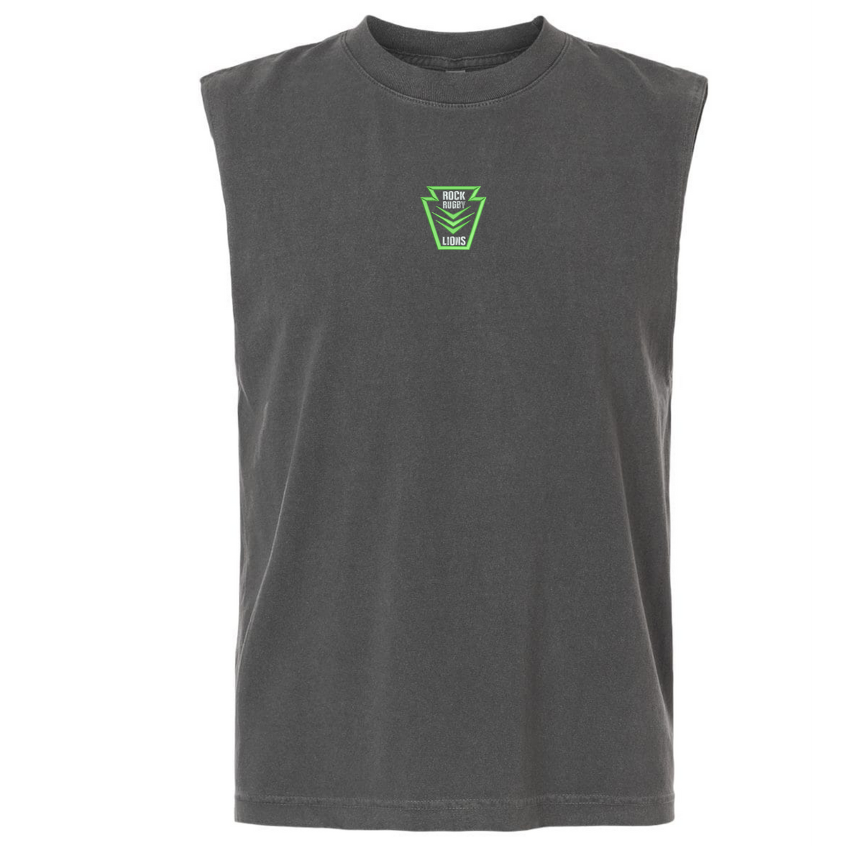 Dark gray Rock Rugby Unisex Heavyweight Cotton Garment-Dyed Mid-Length Muscle Tee featuring a small green shield-shaped chest logo that reads “ROCK RUGBY LIONS.”