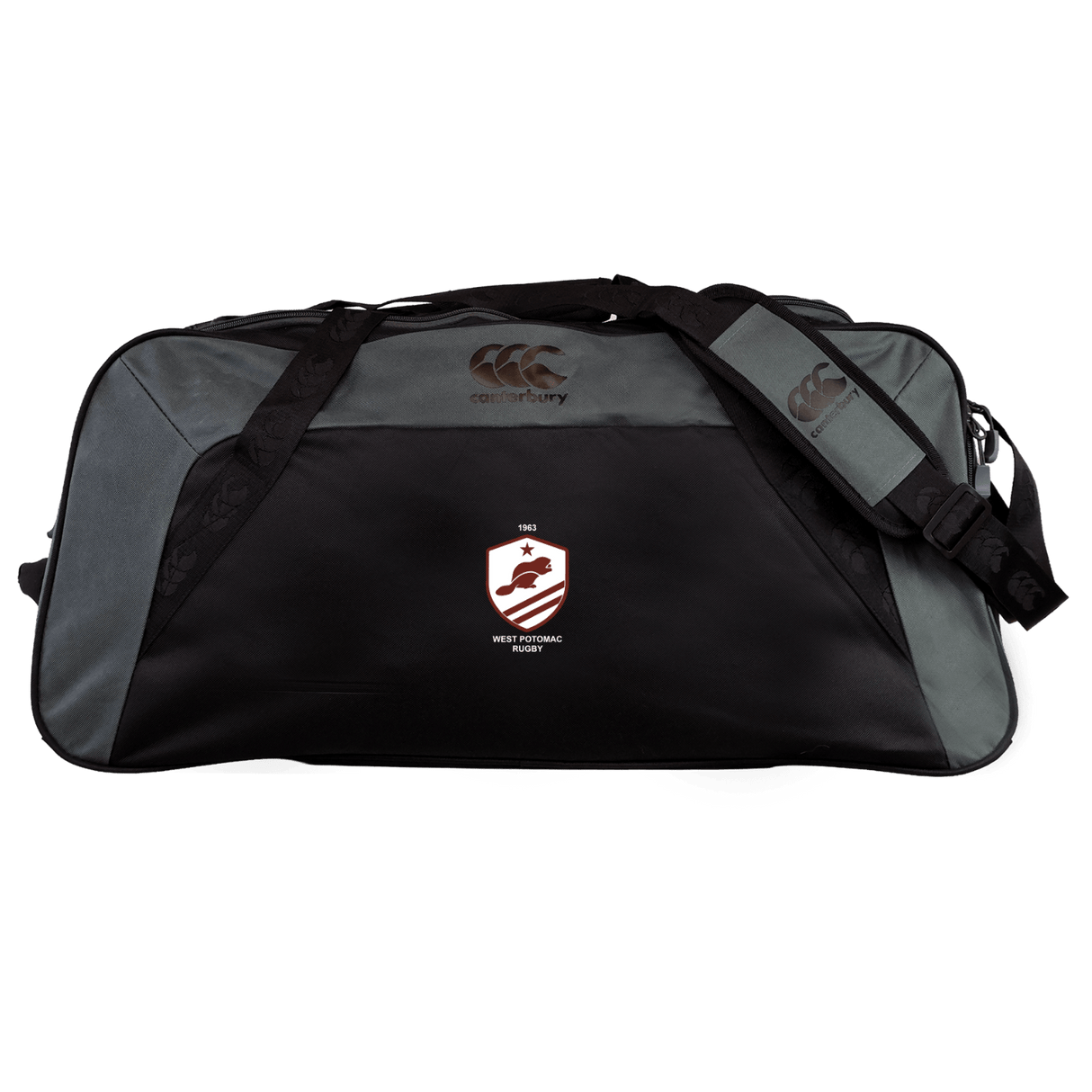 The EMB Canterbury West Potomac RFC Holdall Duffle Bag is a large, black and gray water-repellent sports bag with a shoulder strap and the club logo on front—ideal for rugby players who need durability and style on the go.