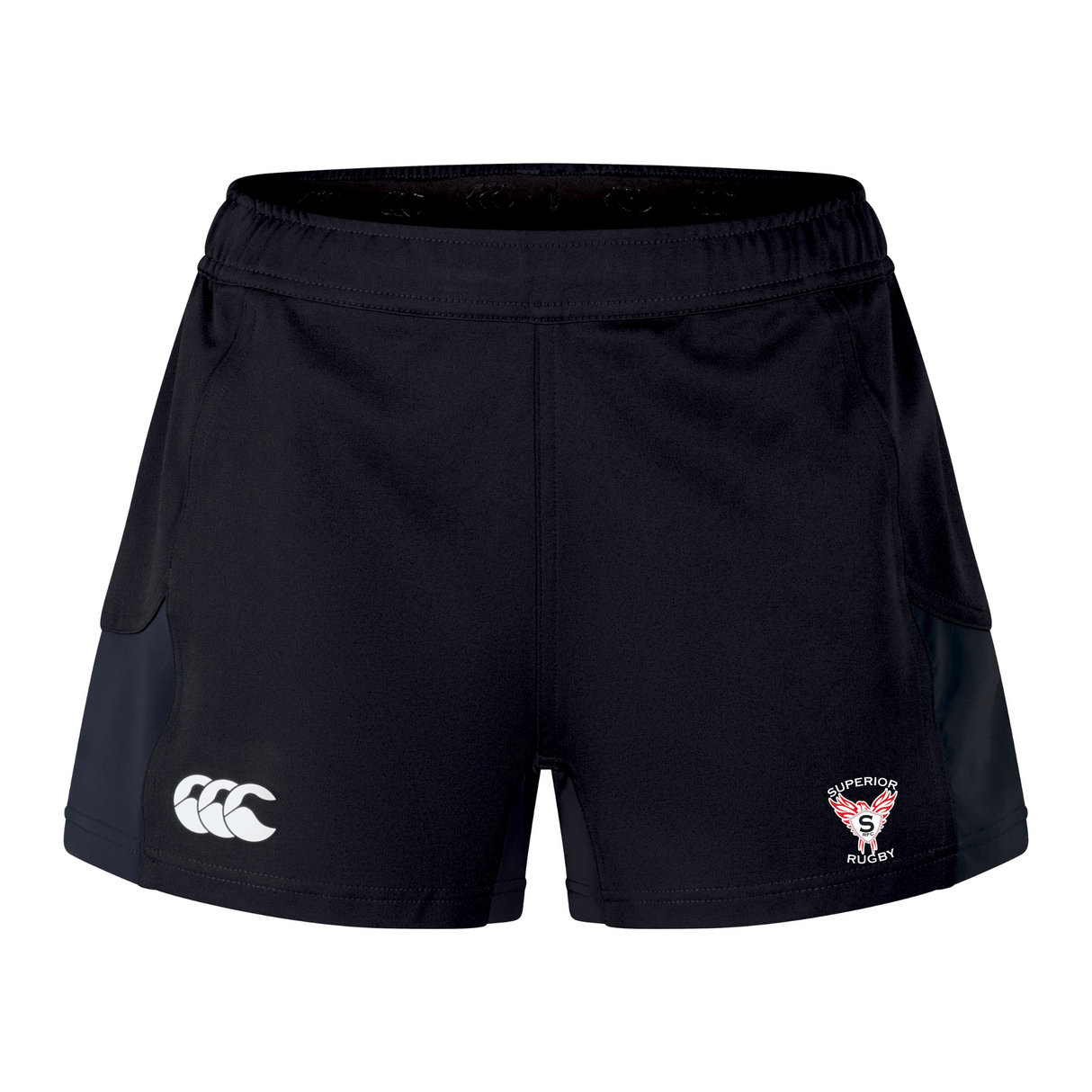 The Superior Rugby Club Women's Advantage Short 2.0 by EMB Canterbury are black sustainable sports shorts with a white Canterbury logo on the left leg and a club logo on the right, inspired by the original Women's Advantage Short 2.0 design.