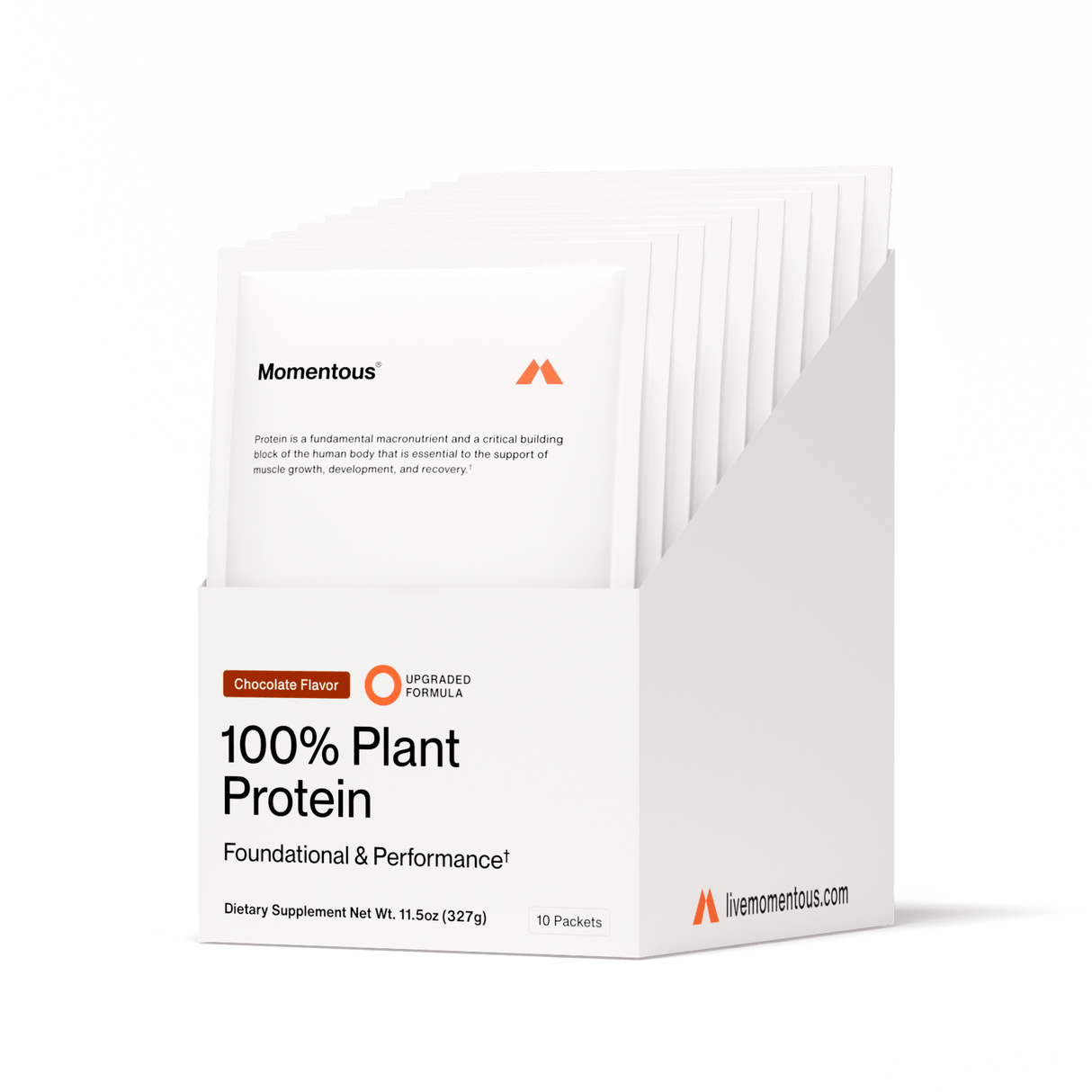 Momentous 100% Plant Protein 10-Travel Packs, chocolate flavor, foundational and performance dietary supplement for muscle recovery, features ten single-serve packets from the brand Momentous.