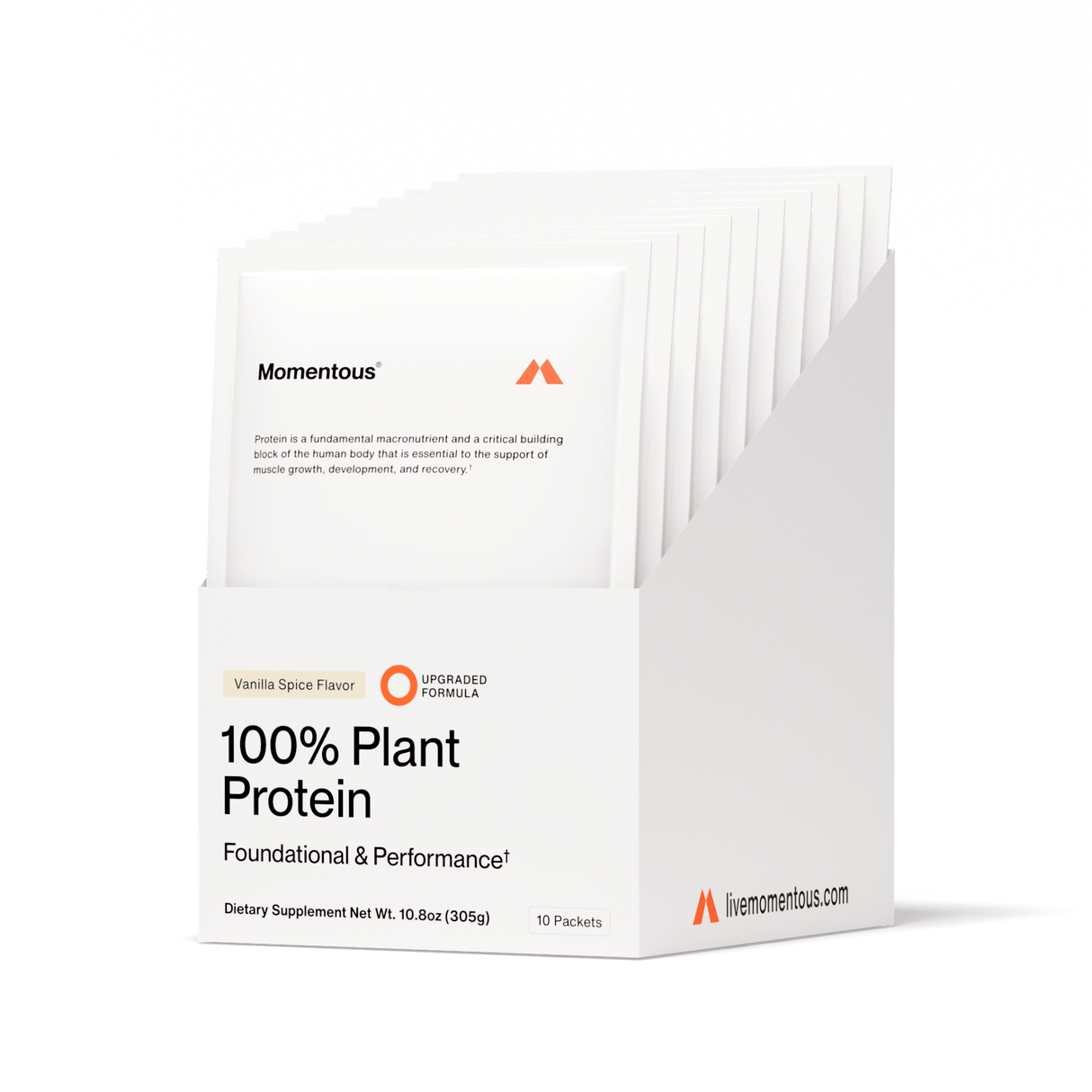 Momentous 100% Plant Protein 10-Travel Packs in vanilla spice flavor—an upgraded formula from Momentous designed for muscle recovery and foundational performance.