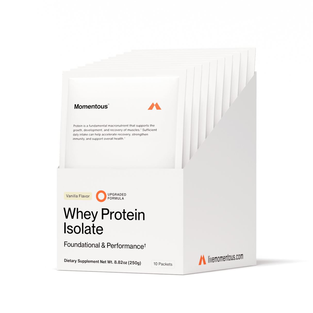 A white box labeled “Momentous Whey Protein Isolate 10-Travel Packs” by Momentous, featuring grass-fed protein and vanilla flavor, contains ten individual packets (250g total), shown standing upright.