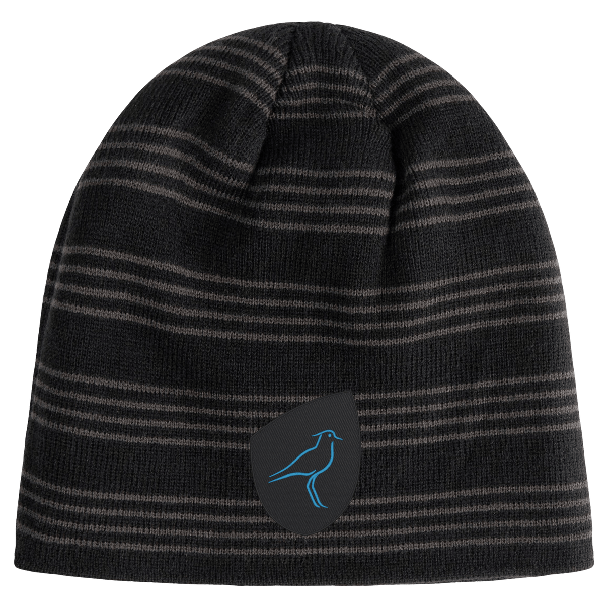 Just In: The Uruguay Shield Beanie by EMB Canterbury features stylish black and gray stripes and a blue bird logo on a sleek black patch, capturing the vibrant spirit of Uruguay.