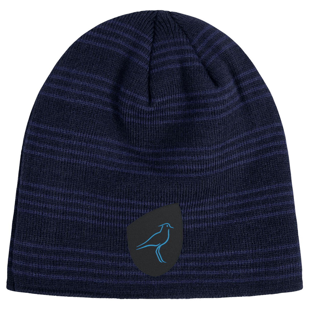 The EMB Canterbury Uruguay Shield Beanie in blue and black stripes showcases a unique bird logo, capturing Uruguay's vibrant energy.