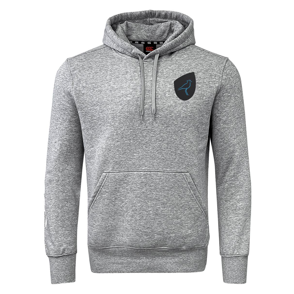 The Uruguay Shield Club Hoodie by EMB Canterbury is a gray hooded sweatshirt made from premium fleece, featuring a kangaroo pocket and a black emblem on the chest. Ideal for rugby fans, it seamlessly combines style and comfort.
