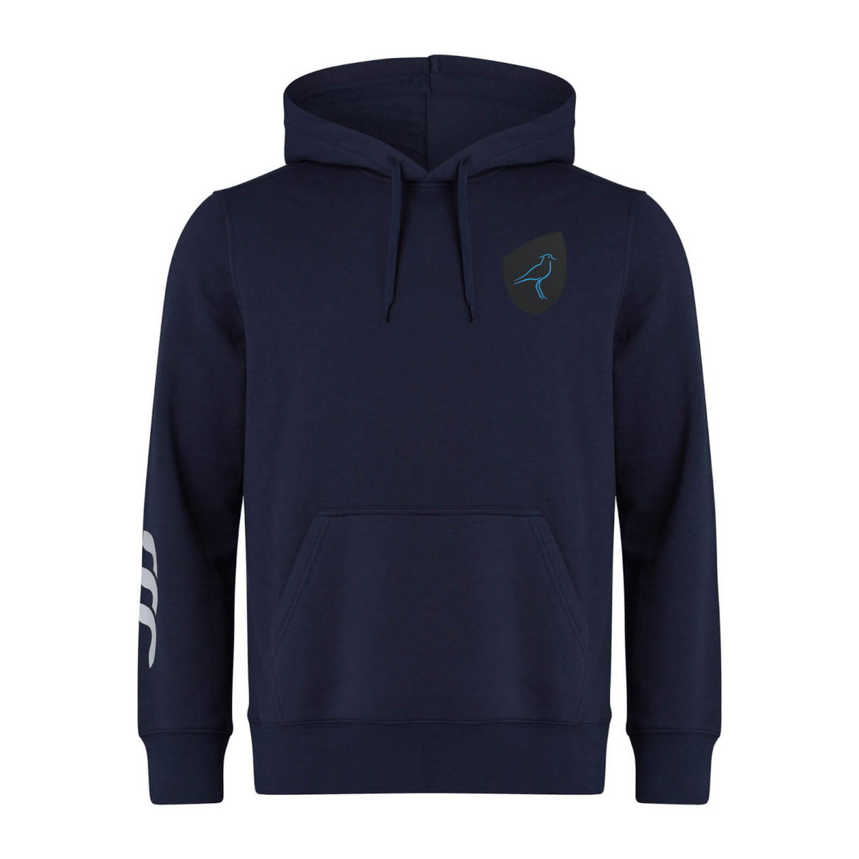 The EMB Canterbury Uruguay Shield Club Hoodie in navy blue features a hood, drawstrings, front pocket, small chest logo, and sleeve stripes. Made from premium sweatshirt fleece, it's ideal for rugby supporters.