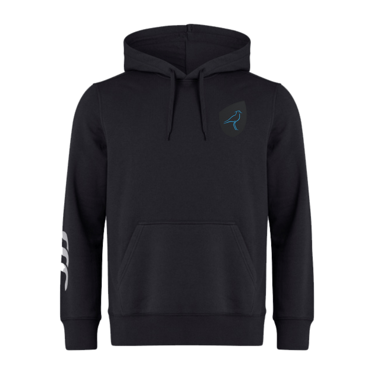 The Uruguay Shield Club Hoodie by EMB Canterbury is crafted from black premium sweatshirt fleece with a small blue bird logo on the chest and a bold white abstract design on the right sleeve, ideal for rugby fans who want stylish comfort.