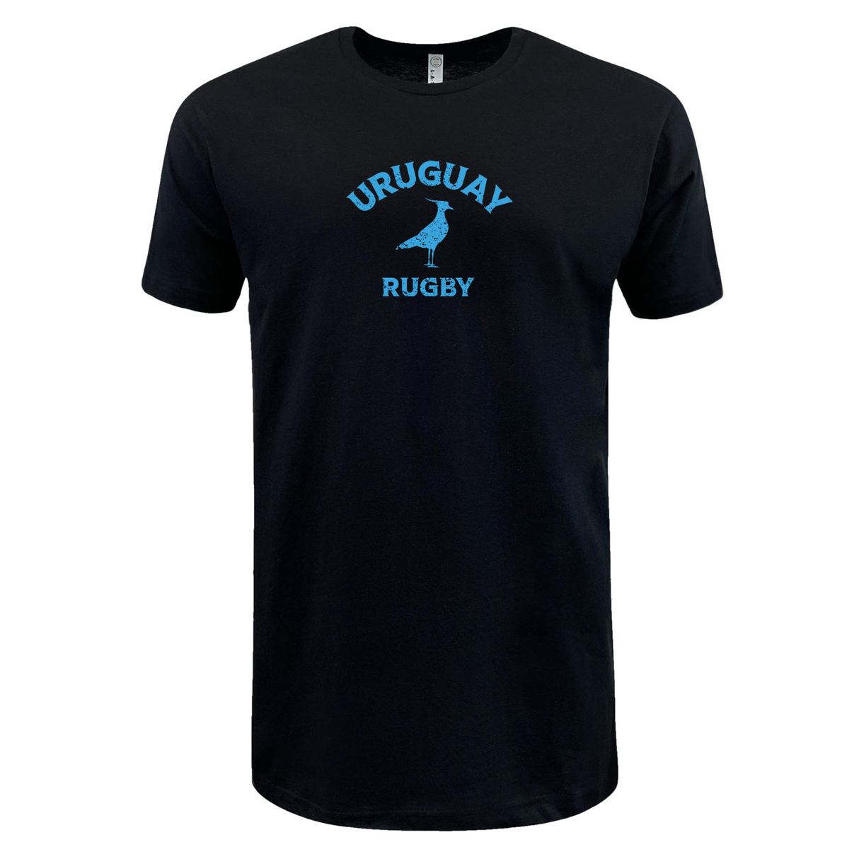 The WRS LAT Nations of Rugby Uruguay Rugby Supersoft Tee in black features light blue "Uruguay Rugby" text and a bird graphic on the front, ideal for rugby fans.
