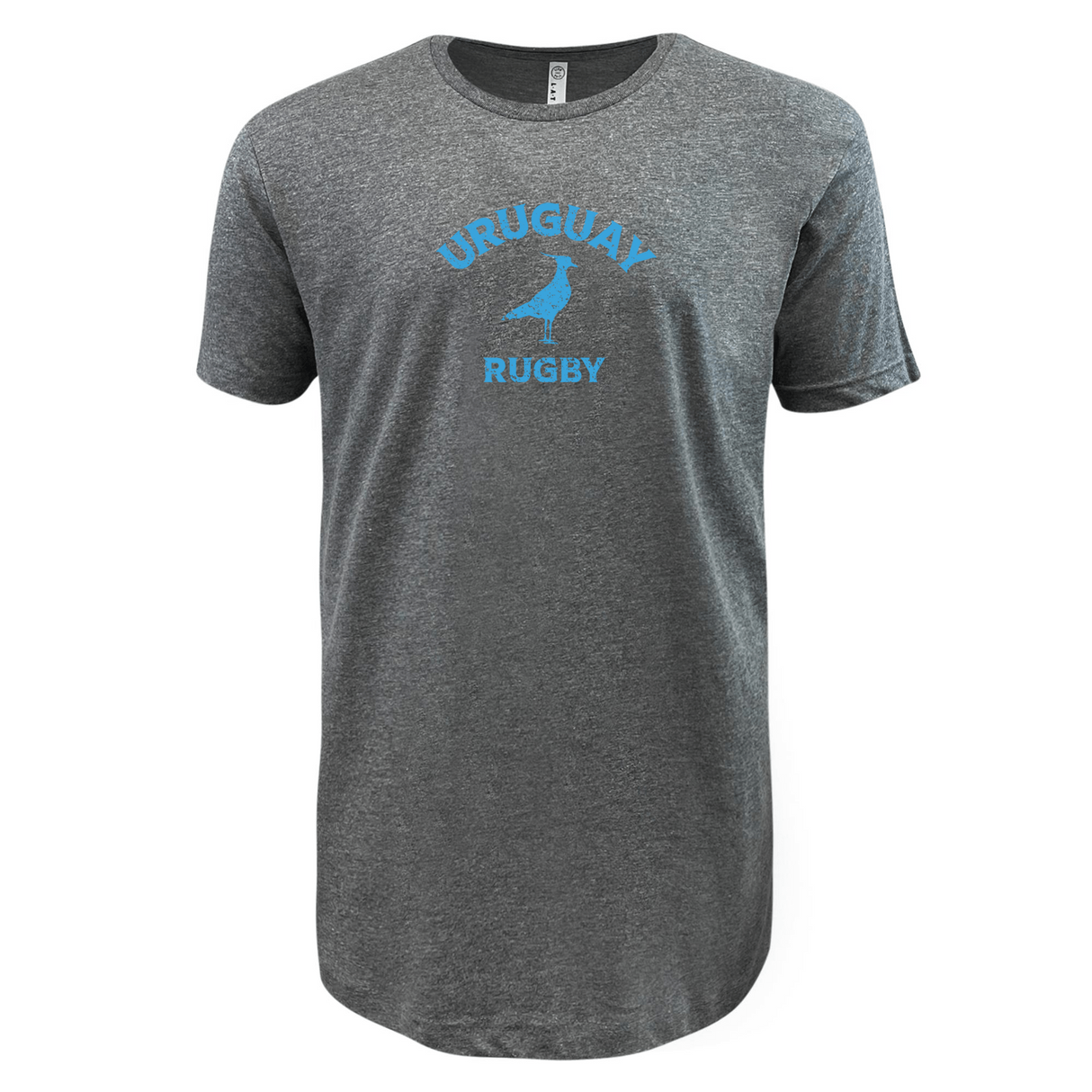 WRS LAT’s Nations of Rugby Uruguay Rugby Supersoft Tee in gray showcases "URUGUAY RUGBY" and a blue bird graphic—perfect for dedicated fans.