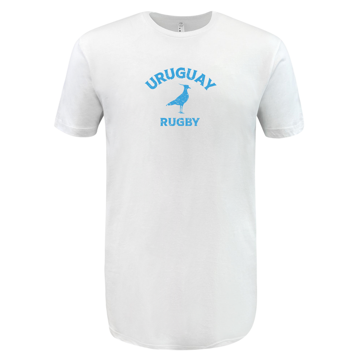 Support Uruguay Rugby in comfort with the WRS LAT Nations of Rugby Supersoft Tee, featuring blue "URUGUAY RUGBY" text and a bold bird graphic on a white shirt.