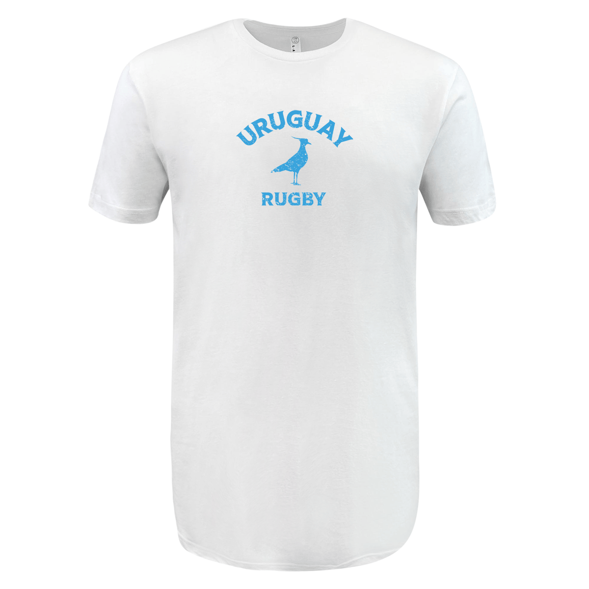 Support Uruguay Rugby in comfort with the WRS LAT Nations of Rugby Supersoft Tee, featuring blue "URUGUAY RUGBY" text and a bold bird graphic on a white shirt.