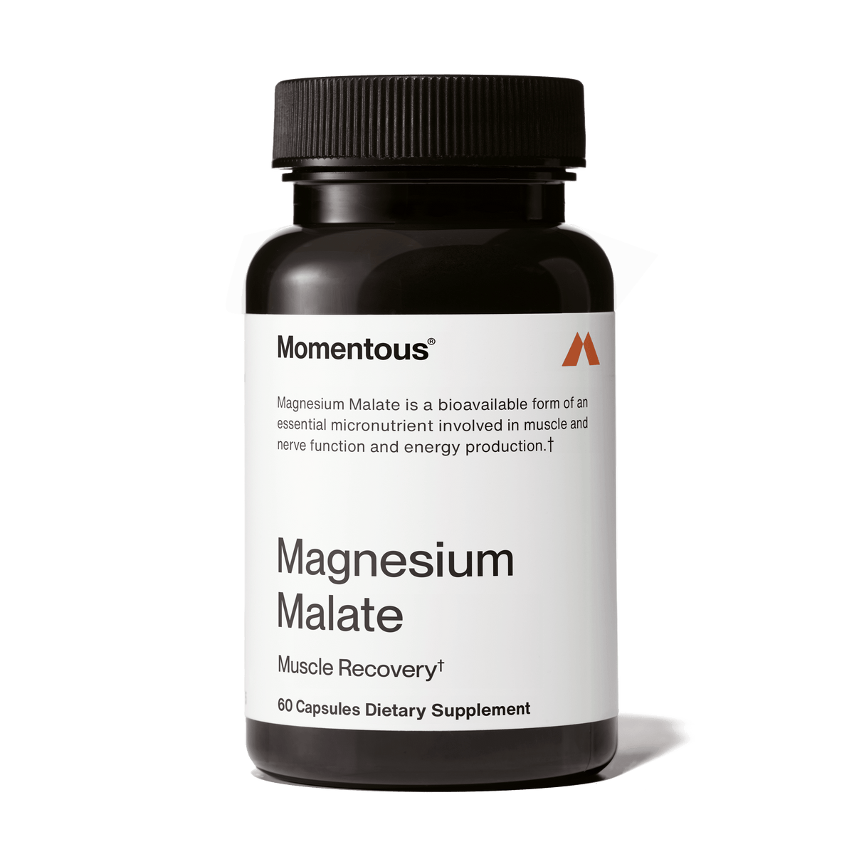 Momentous Magnesium Malate by Momentous comes in a black bottle with 60 capsules and is marketed as a dietary supplement for muscle recovery and energy production.