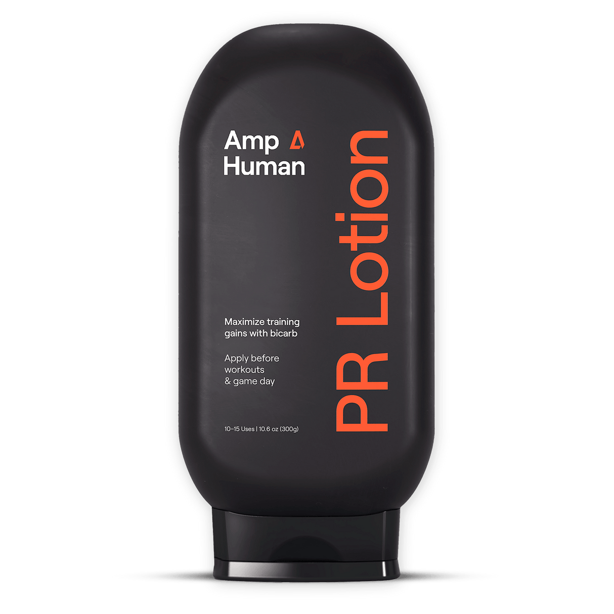 A black bottle labeled "Momentous PR Lotion®" from Momentous, formulated with sodium bicarbonate to enhance muscle recovery and training gains; apply before workouts or competitions. Available in a 10.6 oz (300g) size.