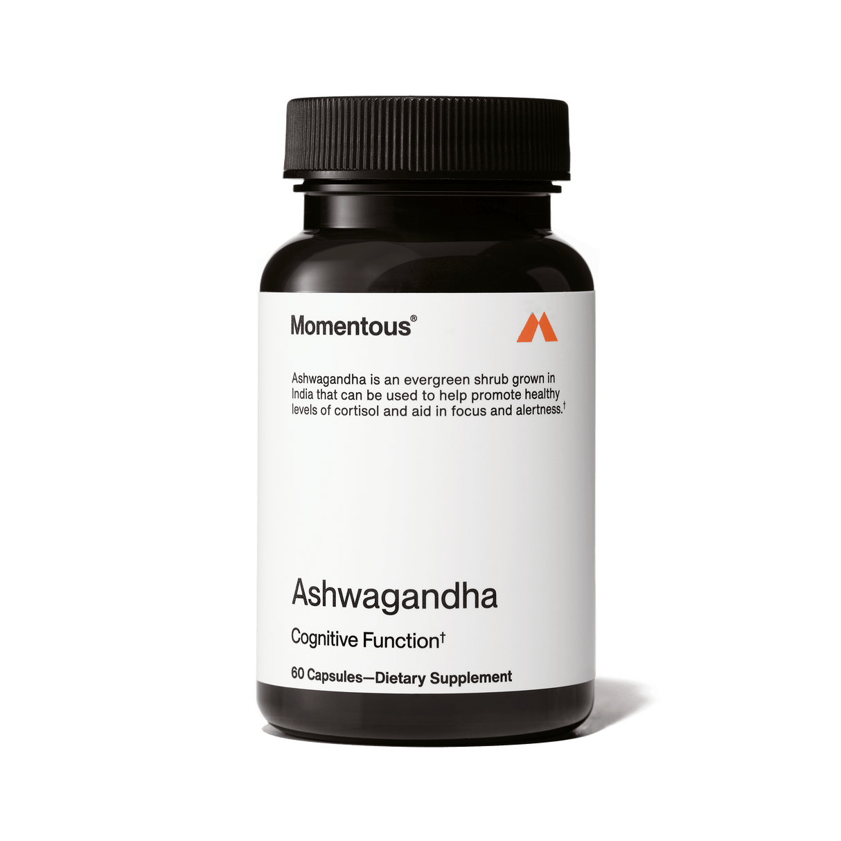 Momentous Ashwagandha by Momentous is a black bottle with a white label, containing 60 capsules formulated to support cognitive performance and stress management.