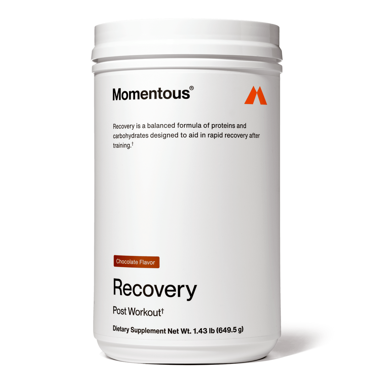 A white container labeled "Momentous Recovery" by Momentous in chocolate flavor, featuring whey protein for muscle repair and balanced carbs to support optimal post-workout recovery.