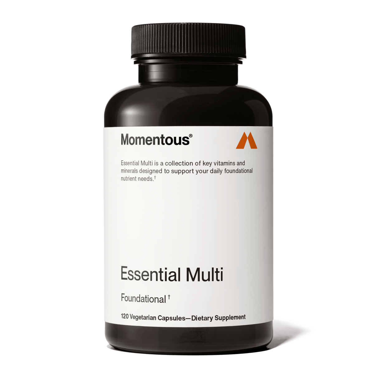 A black bottle labeled "Momentous Multivitamin" by Momentous contains 120 vegetarian capsules, offering daily foundational nutrient support and immune benefits as a dietary supplement.