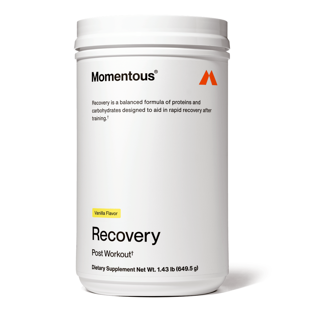 A white container labeled "Momentous Recovery" from Momentous, designed for post-workout muscle repair, featuring product details and a brief description on the front.