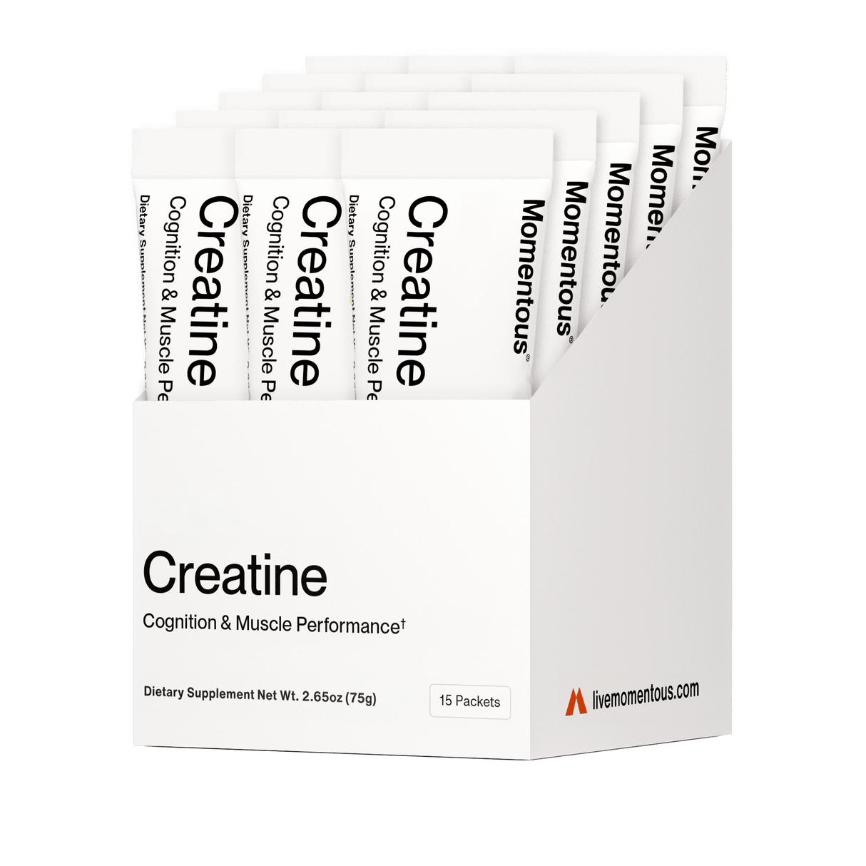 A white box of Momentous Creatine 15-Travel Packs, designed for cognition and muscle performance, is displayed on a white background—ideal for convenient muscle recovery wherever you go.