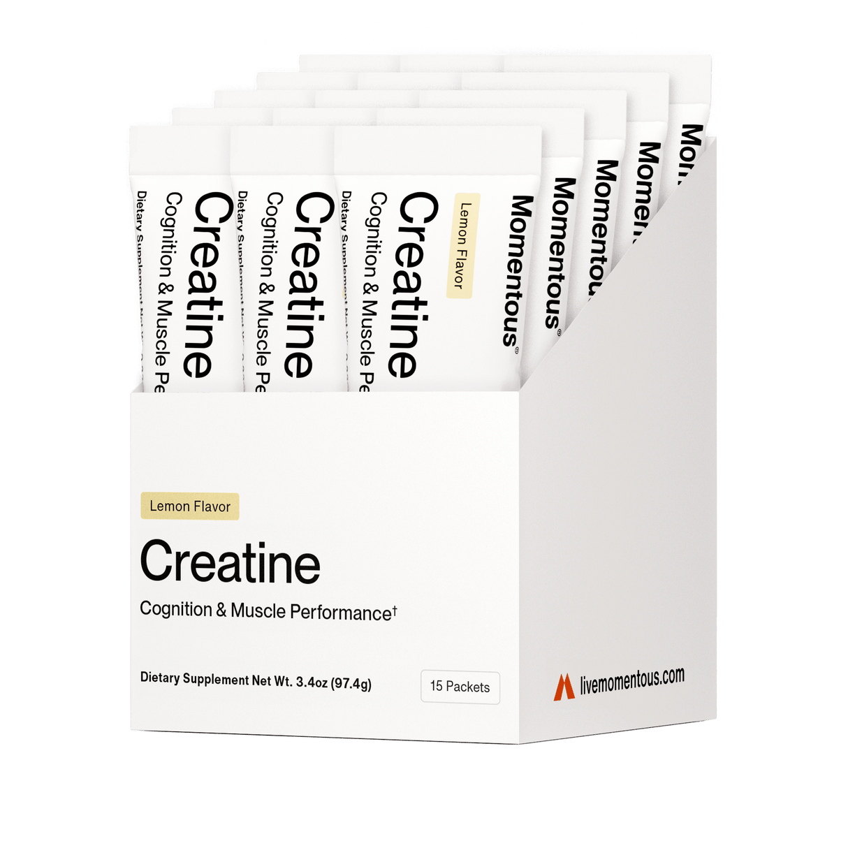 A white box labeled "Momentous Creatine 15-Travel Packs" holds 15 lemon flavor creatine monohydrate supplement packs for cognition, muscle performance, and recovery from Momentous.