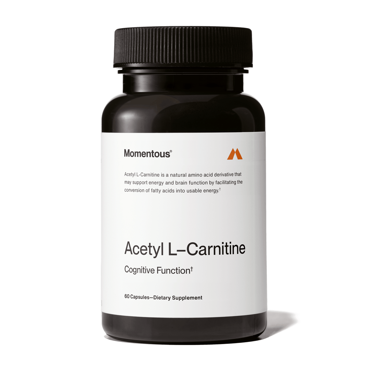 A black bottle labeled "Momentous Acetyl L-Carnitine" by Momentous, containing 60 capsules to support cognitive function and energy metabolism.
