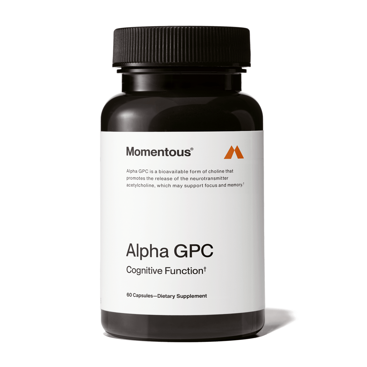 A black bottle of Momentous Alpha GPC by Momentous, featuring 60 capsules for brain health and cognitive performance, is displayed against a white background.