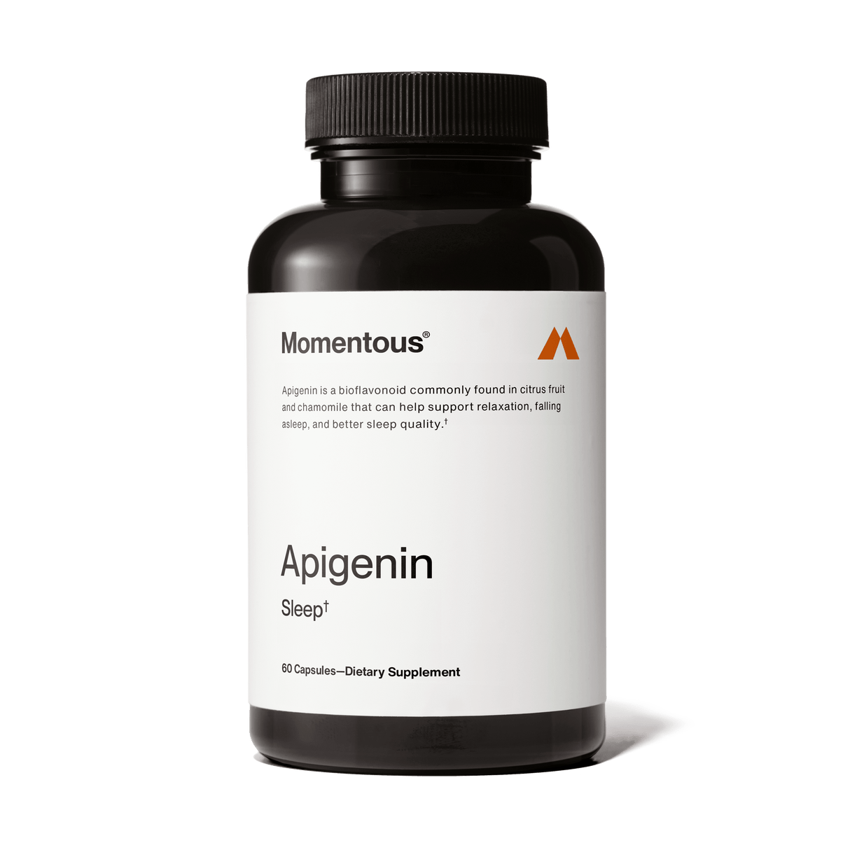 A black bottle labeled "Momentous Apigenin" by Momentous with 60 capsules is shown on a white background; this dietary supplement features Apigenin to support sleep and help reduce stress.