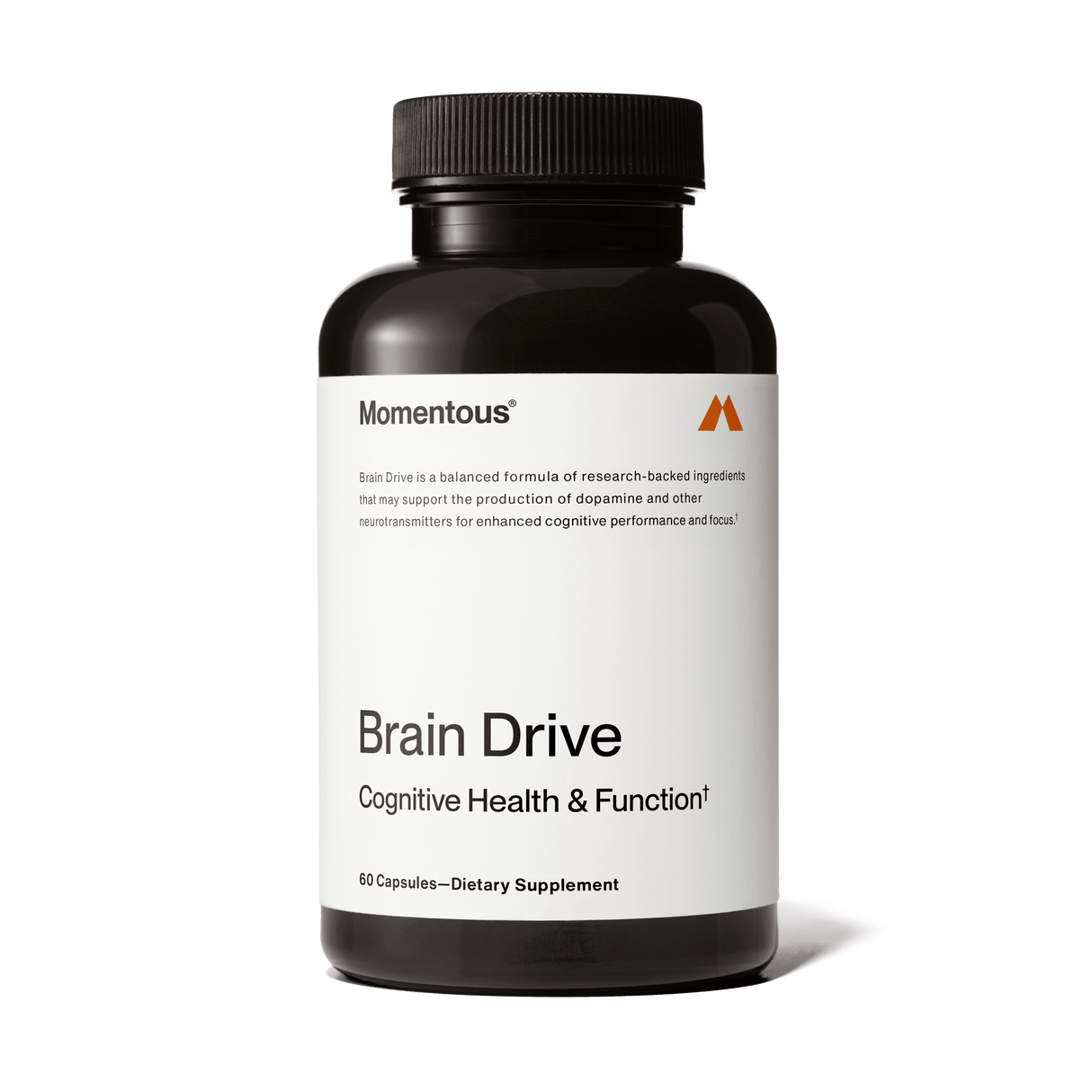 A black bottle labeled "Momentous Brain Drive" by Momentous, a dietary supplement with a nootropic formula to support brain health and cognitive performance, containing 60 capsules.