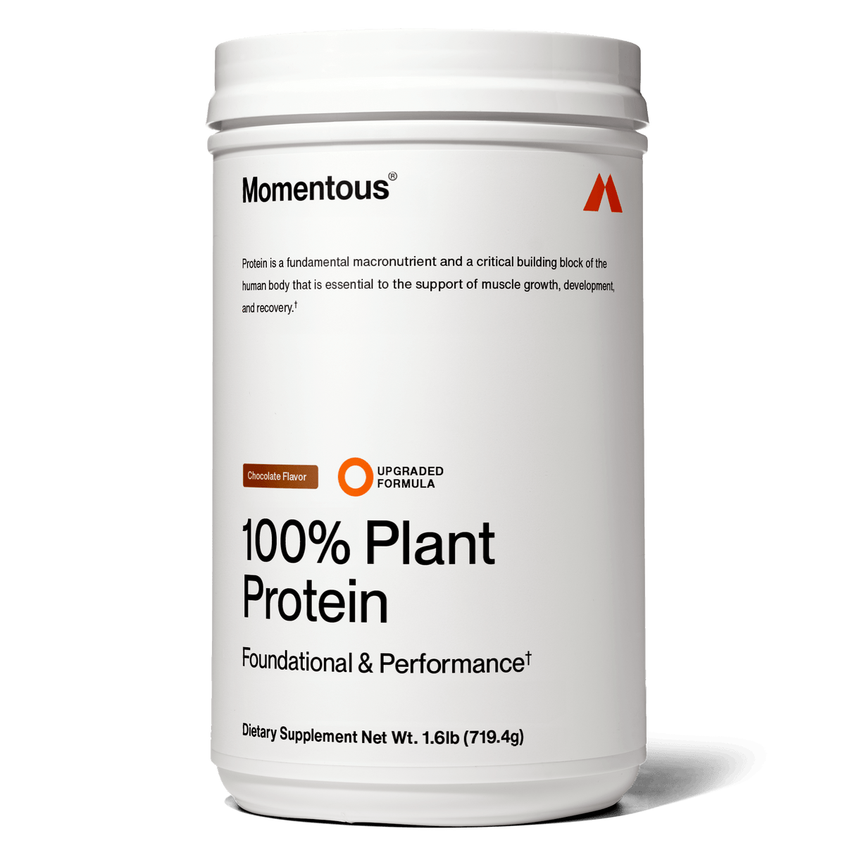 A white container of Momentous 100% Plant Protein Powder (chocolate) with black and orange label text. This NSF Certified for Sport supplement by Momentous provides a complete amino acid profile for optimal nutrition.