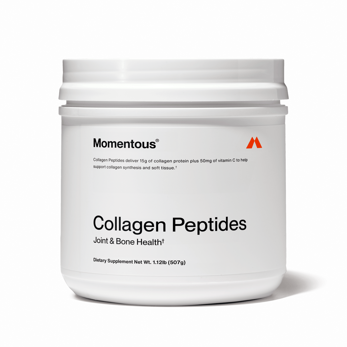 A white container labeled "Momentous Collagen Peptides" by Momentous displays product details, highlights support for joints and skin elasticity, and shows a net weight of 1.12 lb (507 g) against a plain background.